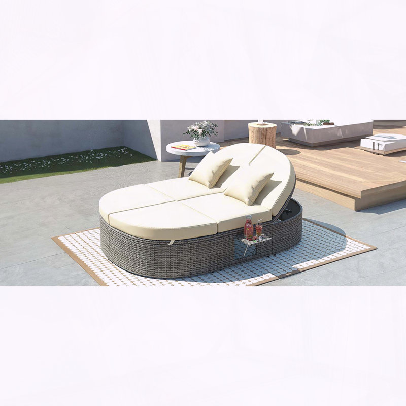 Lit de repos en rotin pour 2 personnes avec dossiers réglables et plateaux à tasses pliables, Beige