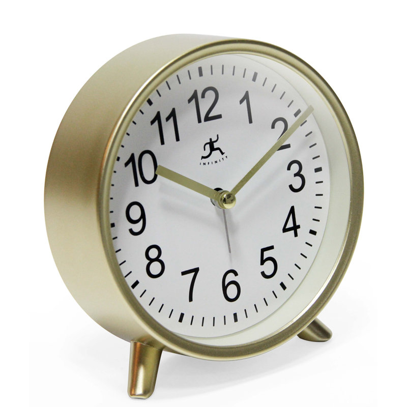 Table Clock Round Plastic Tabletop Clock with Alarm Function 5.75 Inches, Gold