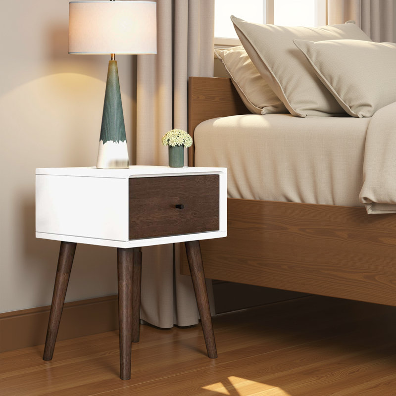Table de chevet Avery Mid-Century Modern - 1 tiroir en bois massif (blanc et noyer)?