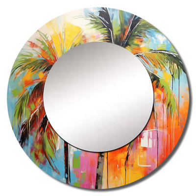 Sayesha Popart Palm Trees I - Palms Wall Mirror, Traditional Round Decorative Mirror, Printed Metal Art