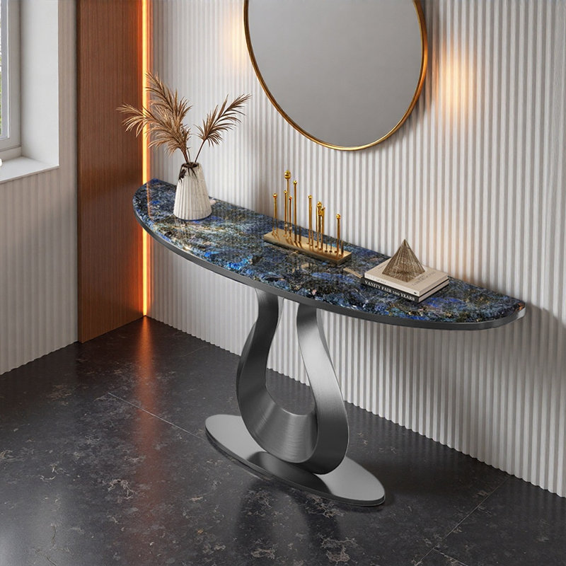 Console en métal fritté de style italien, H 33,4 po x l 59 po x P 13,7 po, Bleu, Gris