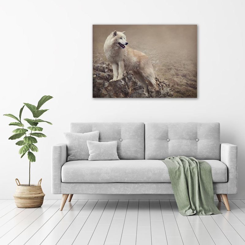 White Wolf On The Rock - No Frame Print on Glass