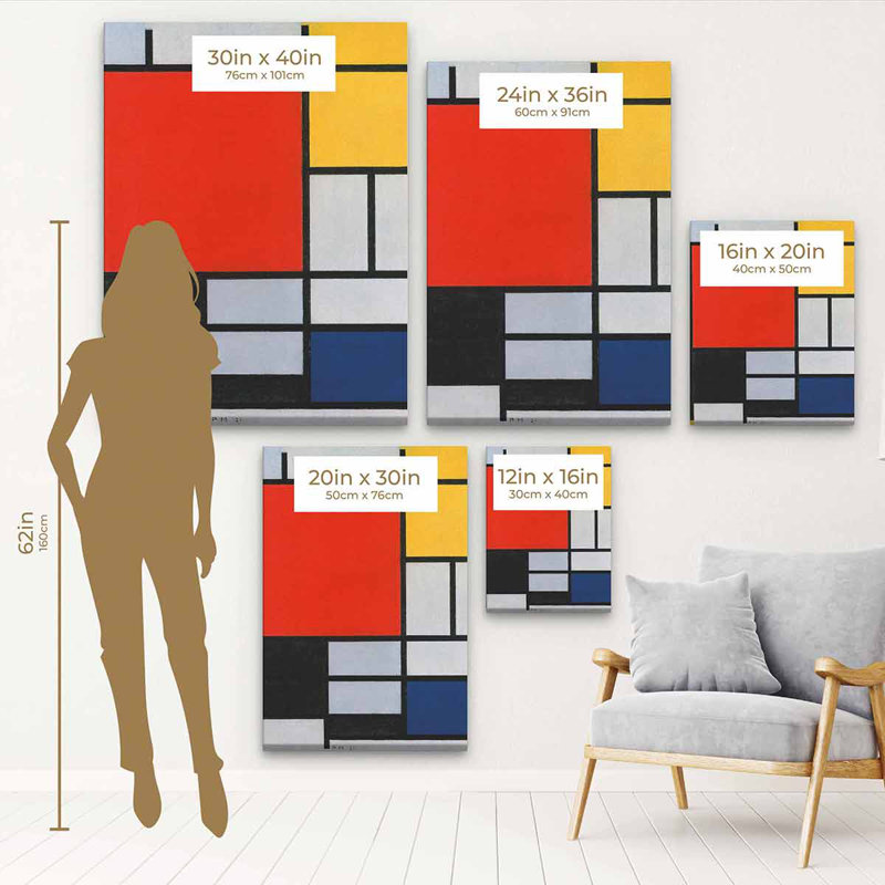 «Freerich Red Mondrian», art mural sur toile 4606 par Piet Mondrian, Cadre flottant blanc, H 30 po x l 40 po x P 1,25 po