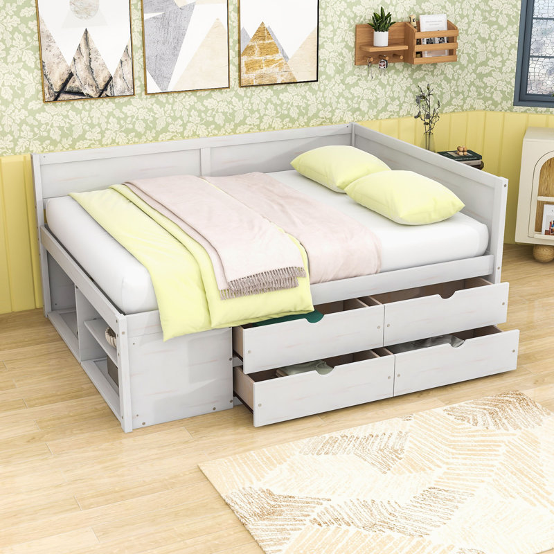 Lit de jour avec tiroirs et tablettes, Complet/Double, Blanc