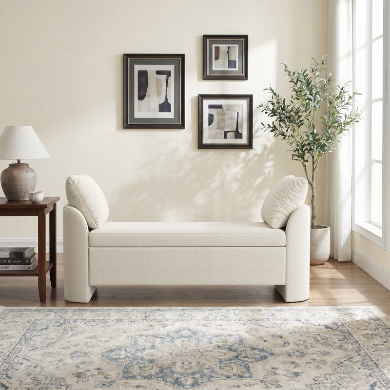 Banc de rangement moderne rembourré de 148 cm de large avec coussins, banc de chambre en chenille aux côtés incurvés pour chambre, entrée ou salon