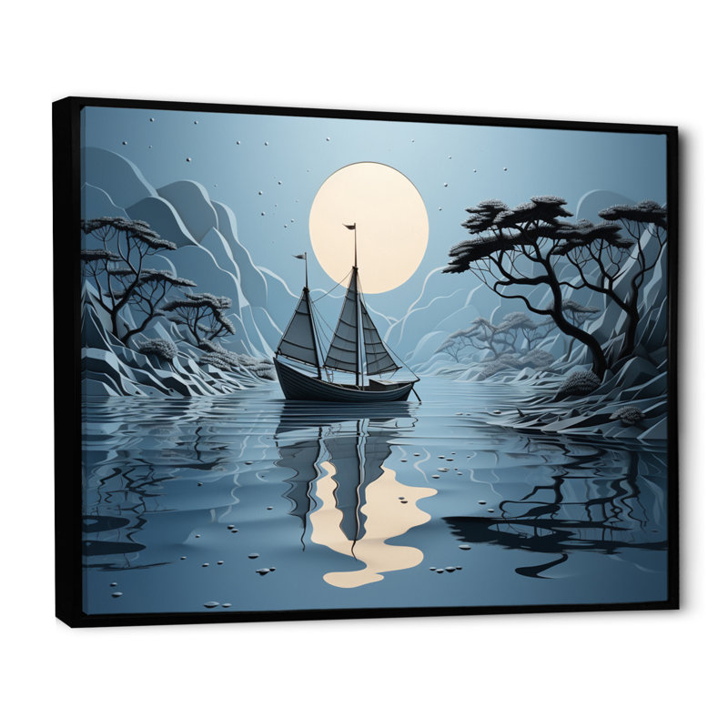 Collage de bateau bleu - impression, H 16 po x l 32 po x P 1 po, Cadre flottant noir