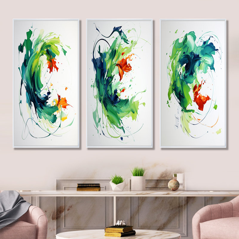 «Green and White Abstract Expression Peinture I», ensemble de 3 reproductions d'art mural, Cadre flottant blanc