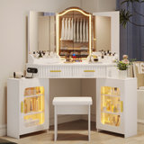 Modern Corner Vanity Set with Lighted Mirror and Outlets, Fluted Makeup Vanity Desk with Large Storage Cabinets