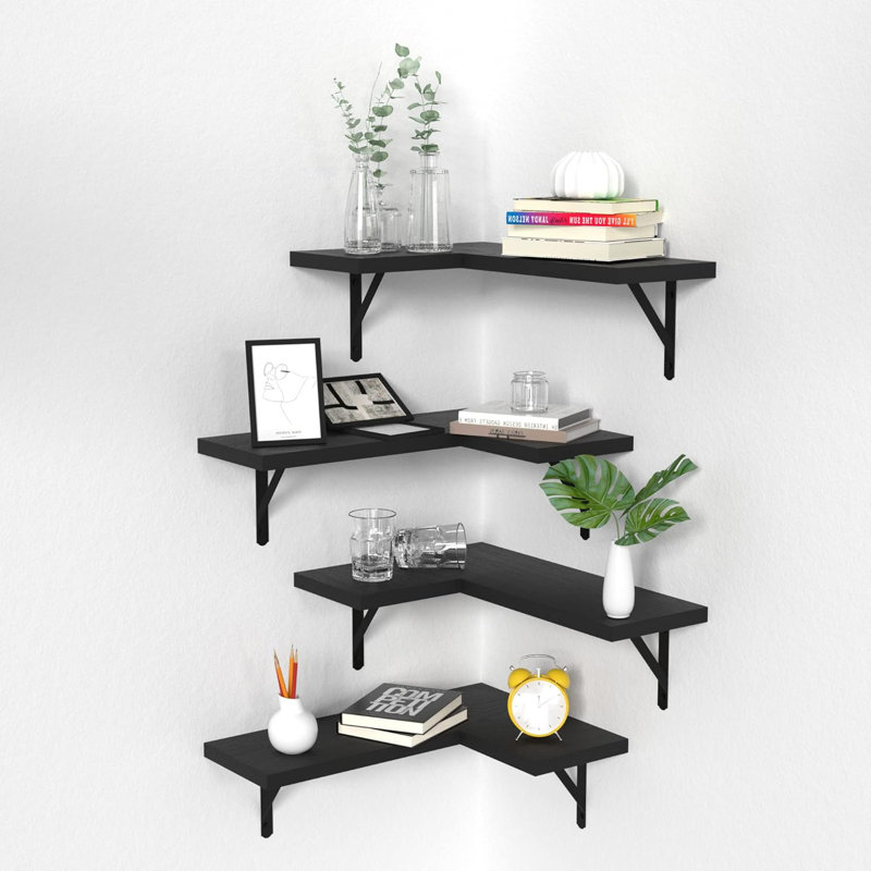 Floating Corner Shelves Set Of 4 - Wall Mounted L-Shaped Shelves For Bedroom, Kitchen, Living Room, Bathroom & Office - With Sturdy Natural Wood Construction