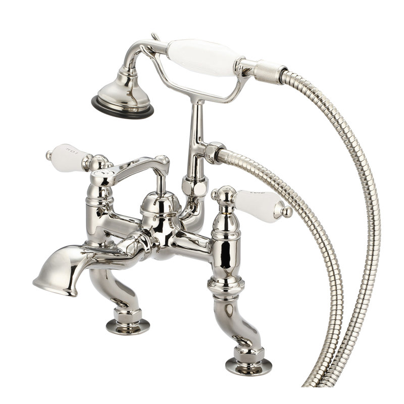 Stonington Deck Tub Spout, Hot and Cold Labeled Porcelain Lever Handles, Polished Nickel