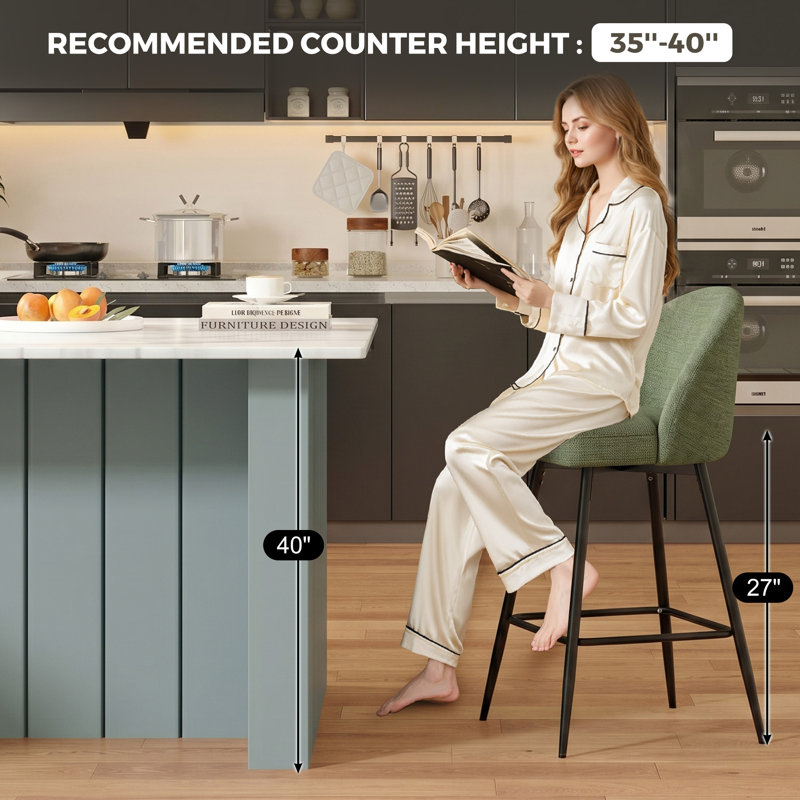 Swivel Bar Stools Set Of 3, Counter Height Bar Stools With Back & Metal Legs-Green, Green/Chenille
