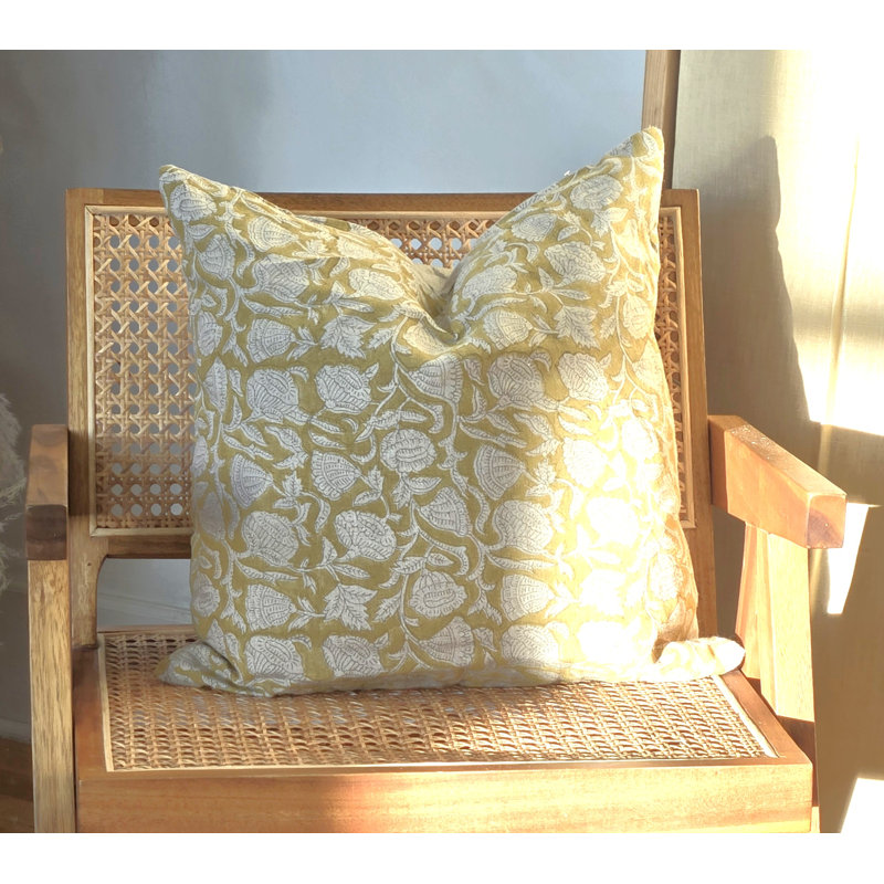 Housse de coussin en lin, Motif floral jaune, Carré 18 po