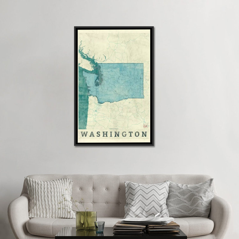 «Washington Map», impression sur toile, H 26 po x l 18 po x P 1,5 po, Toile avec cadre noir, Pas de tapis