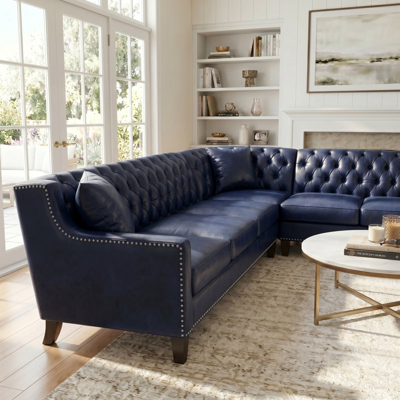 Canapé d'angle en cuir synthétique Chesterfield 6 places avec dossier capitonné pour le salon Chesterfield, Blue