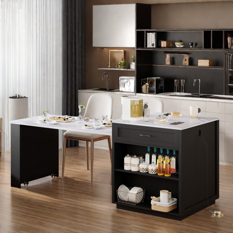 Kitchen Island With Extendable Dining Table, Power Outlet, 2 Drawers, 2 Side Open Shelves And Double-sized Storage Design