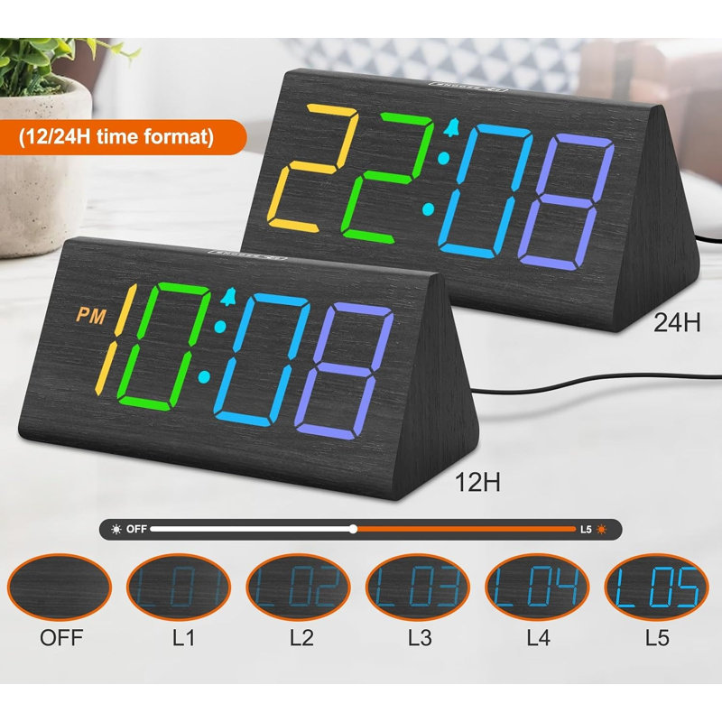 Réveil numérique en bois pour chambre à coucher et bureau, horloge numérique avec grands chiffres
