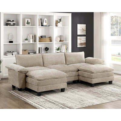 Modulaire contemporain 5 pièces Modulaire modulaire avec repose-pieds moelleux confort Taupe Chenille Revêtement Mobilier de salon Contreplaqué durable