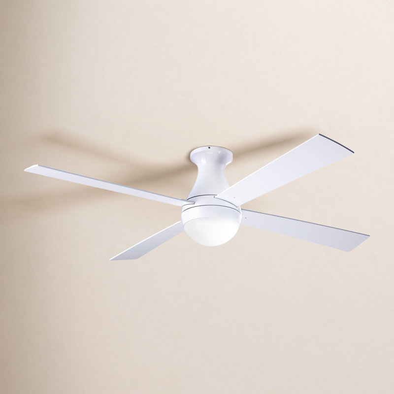 LED Flush Mount Ceiling Fan, Gloss White, White, Wall Control with Remote Handset (2-wire)