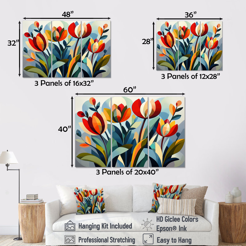 «Green Mid Century Mod Nature Tulip V», ensemble d'art mural abstrait Mid-Century, Toile tendue, H 40 po x l 60 po x P 1 po
