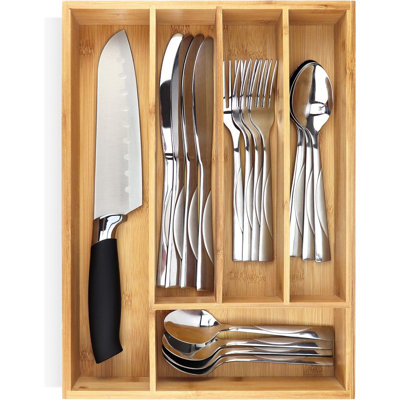 Silverware Organiser - Séparateur de tiroir de cuisine en bois extra-profond pour cuillères, fourchettes, couteaux et couverts - 5 fentes