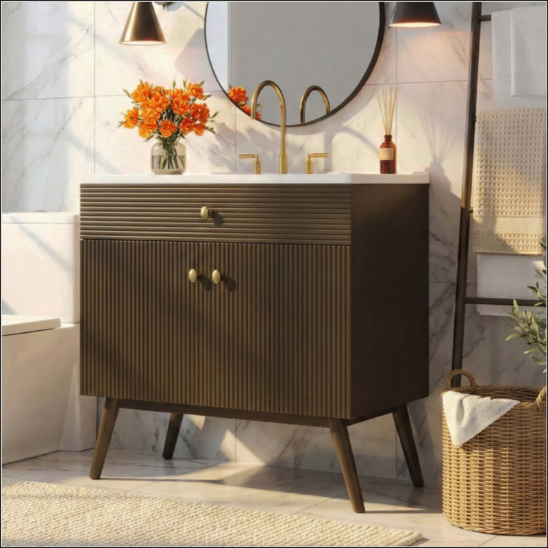 Meuble-lavabo rayé de luxe, double rangement à fermeture en douceur et lavabo en céramique de qualité supérieure