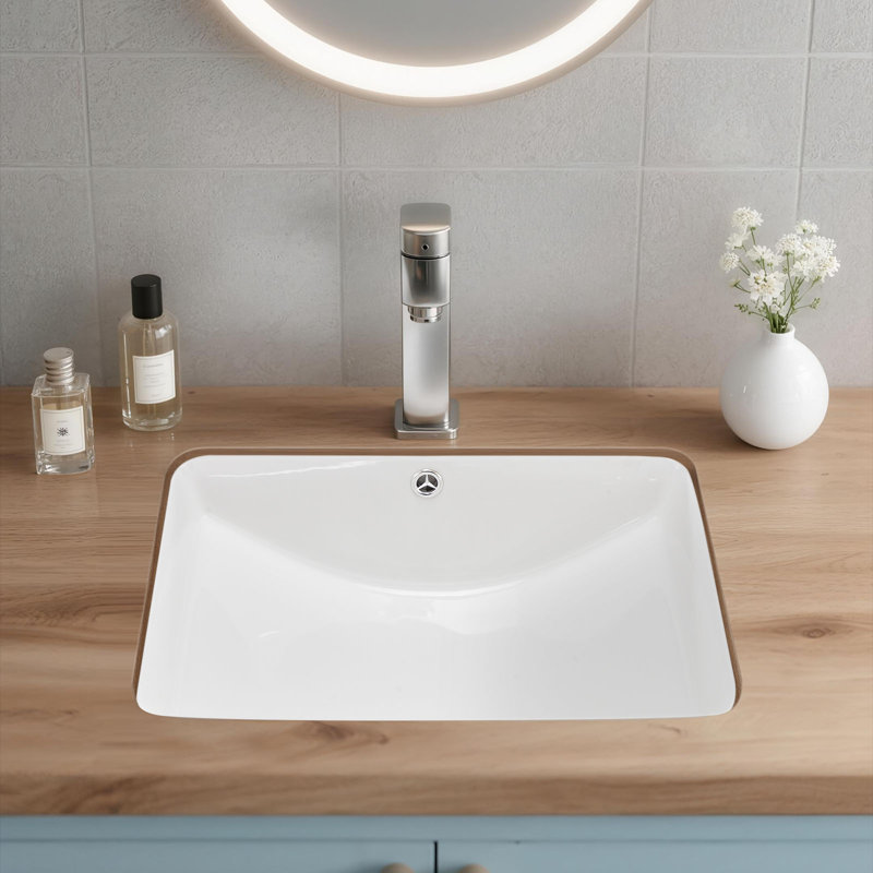 Undermount Bathroom Sink, 20.87 x 14.76 Inch Rectangular White Ceramic Vessel Sink with Overflow Hole, Under Counter Drop in Modern Lavatory Vanity Bath Wash Bowl Basin, Rectangle Small Space