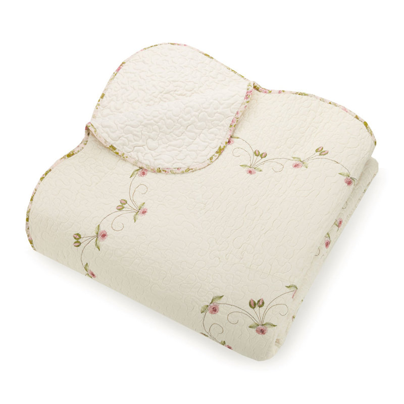 Twin Pink Cotton Embroidered Quilt Set with Scalloped Edges
