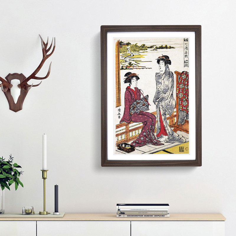 Miyanoshita Hot Spring by Torii Kiyonaga - Picture Frame Painting Print, 65cm H x 48cm W x 2cm D, Walnut Framed