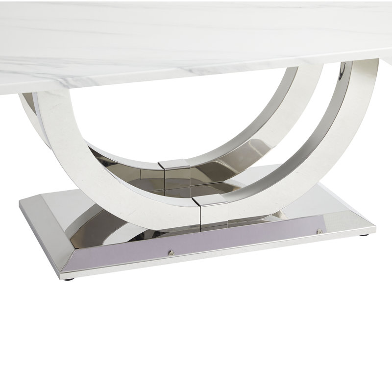 Table basse rectangulaire moderne de 50,4 pouces avec plateau en panneau de fibres à densité moyenne et base en acier inoxydable argenté | Idée de cadeau