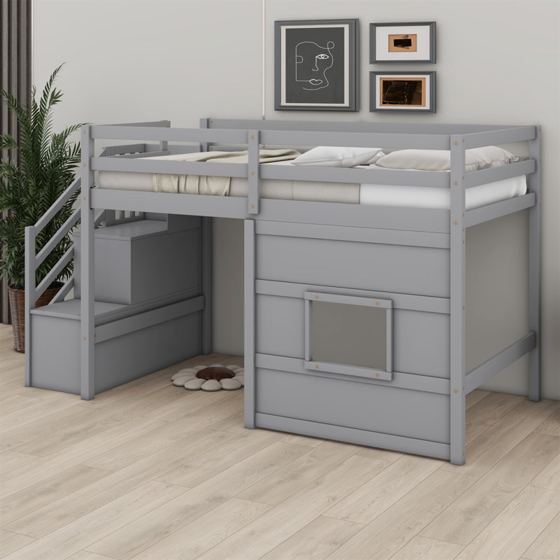 Jennylee Twin Loft Bed with Built-In Stairs, Gray