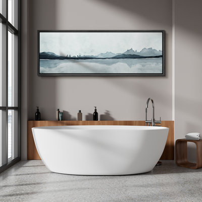 Abstract Navy Blue Mountain Lake Landscape Art Horizontal Panoramic Nature Living Room Decor