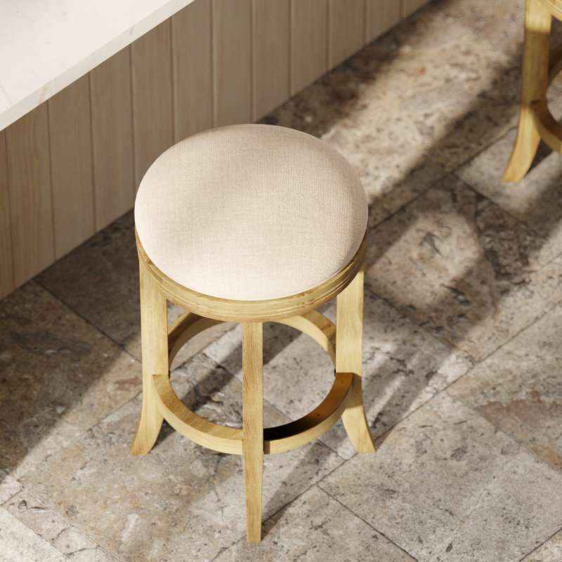 Counter-Height 26In Swivel With Backless Design, Upholstered Cream Fabric, 4 Legs, Metal Footrest Plate Style, Supports,