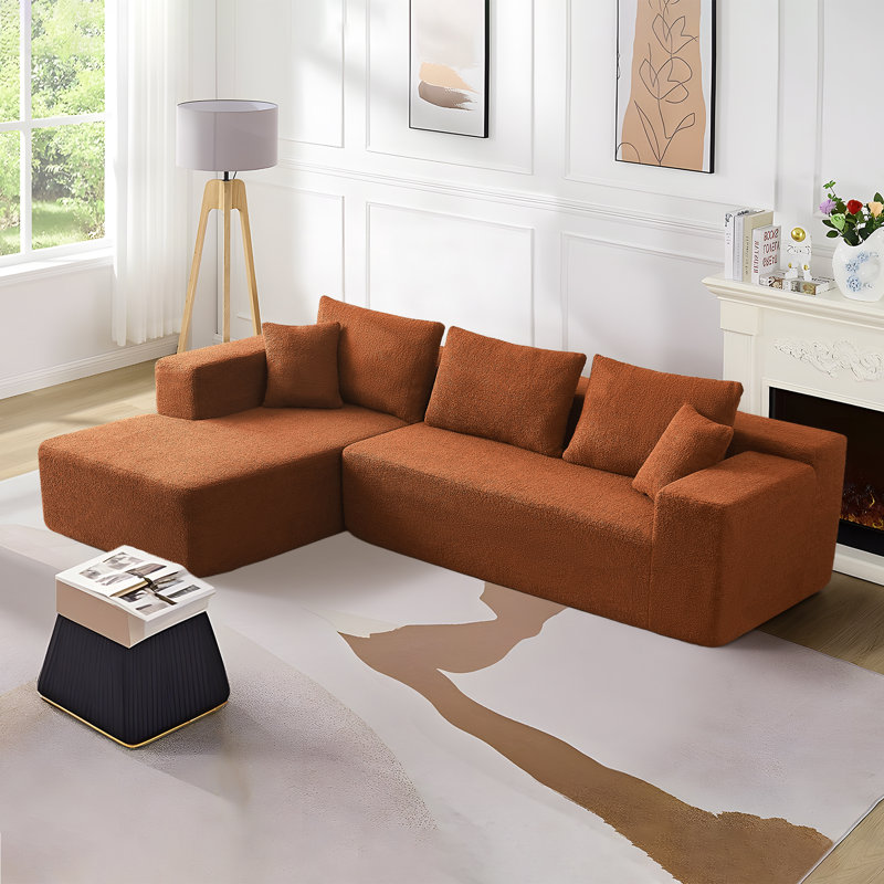 Boneless 104''W Sherpa Fabric L Shaped Sectional Sofa Modular Corner Couch With Chaise Lounge, Orange Faux Fur