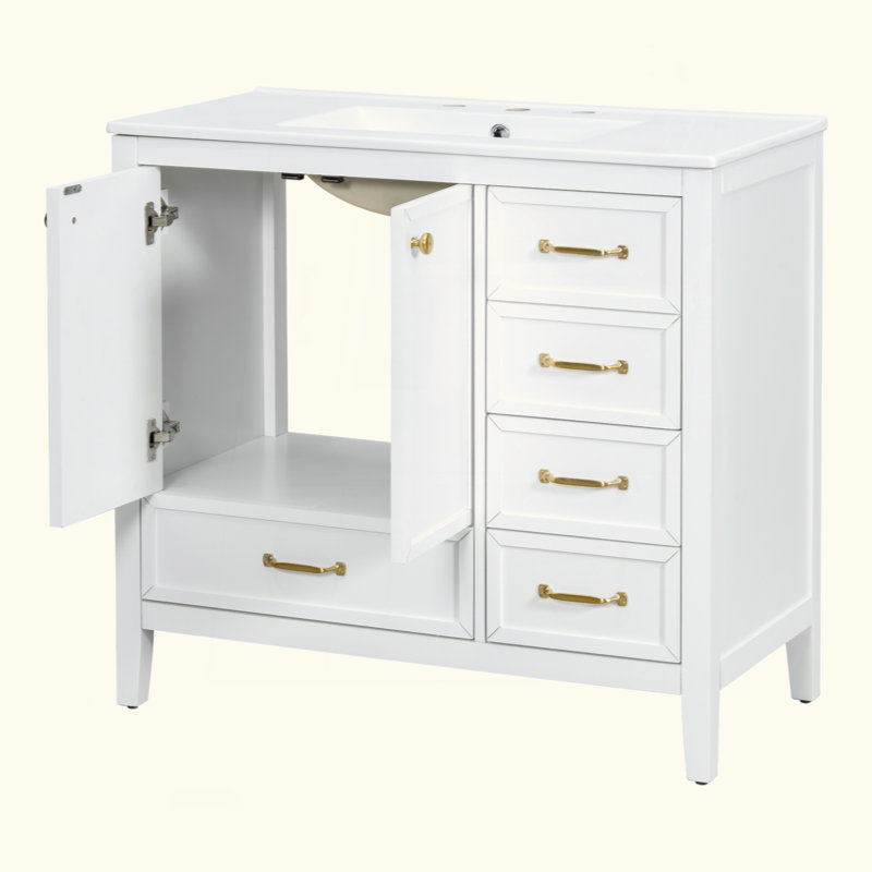 Meuble-lavabo de 36 po avec lavabo, armoire de salle de bain avec porte à fermeture en douceur, 4 tiroirs de différentes tailles, structure et pieds en bois massif, un paquet