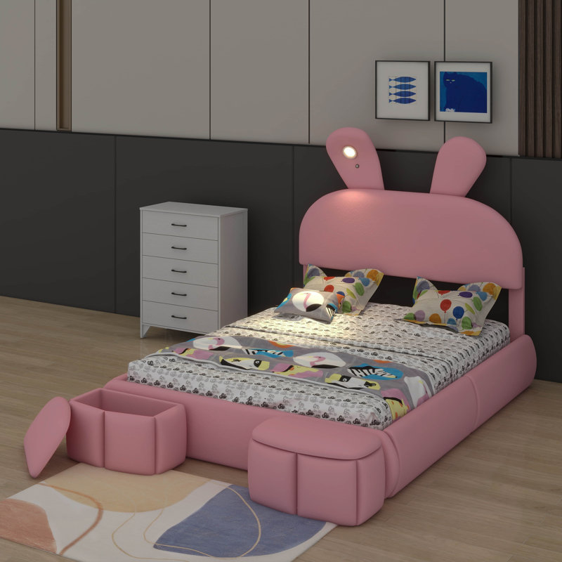 Lit plateforme double avec tabourets de rangement Lit plateforme tapissier avec oreilles de dessin animé et tête de lit Princess