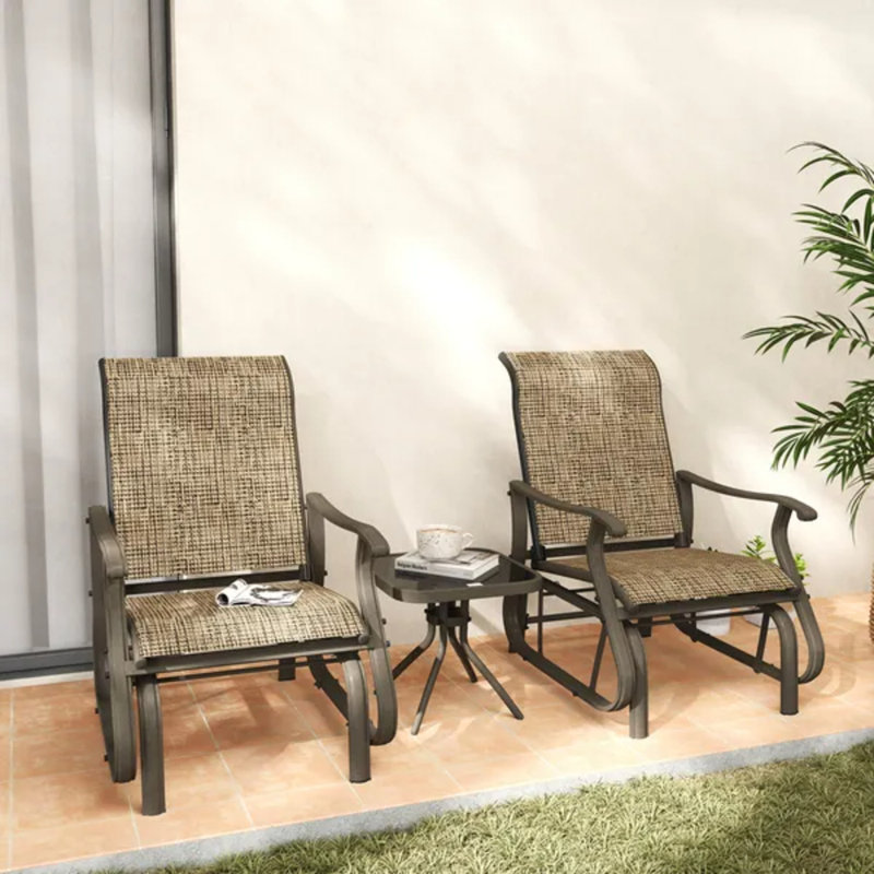 Ensemble bistro 3 pièces avec cadre en acier, plateau en verre trempé pour terrasse, jardin, brun clair mélangé