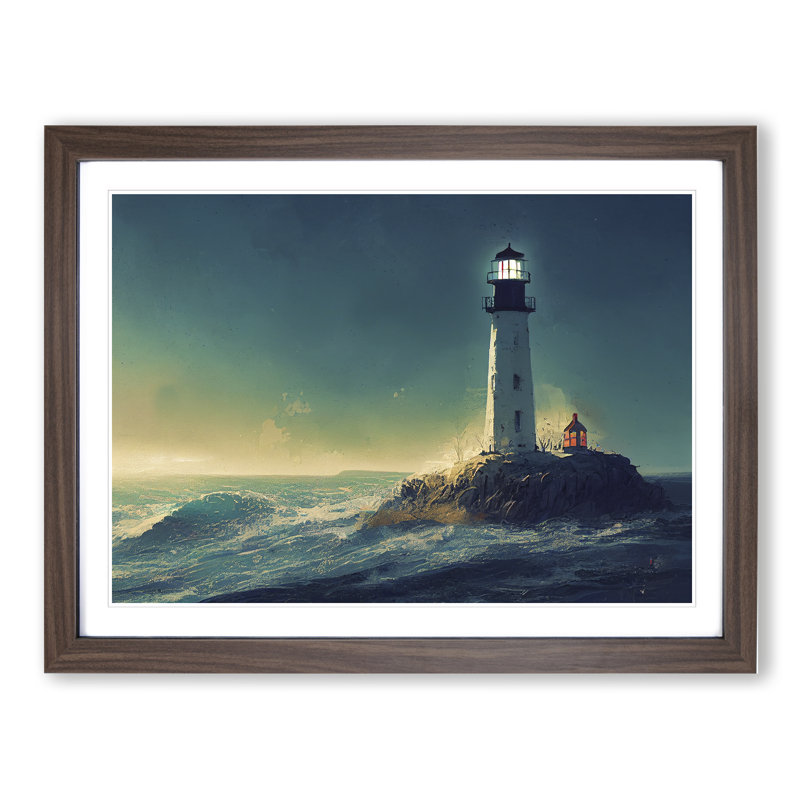 XH1022-7102X Powerful Lighthouse Sunrise - Single Picture Frame Print, 34cm H x 46cm W x 2cm D, Walnut Framed