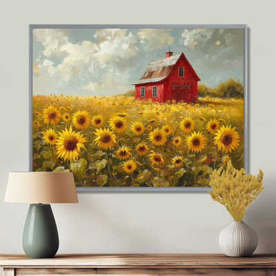 Yellow Brown Sunflower With A Red Barn - Sunflowers Wall Decor