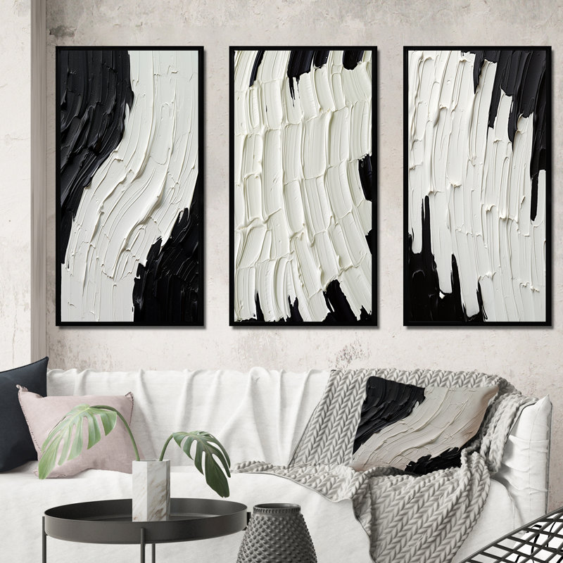 Art mural noir et blanc abstrait, toile moderne 3 pièces - Momentary Spirit noir et blanc abstrait, H 32 po x l 48 po, Noir