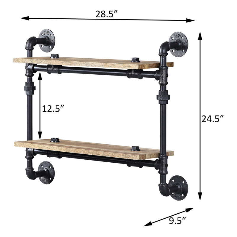 2 Wall Shelf With Industrial Look - Metal Frame, Oak And Sandy Black, Ideal For Displaying & Storing Industrial-Style Frame Construction, Black Finish, Stylish Storage