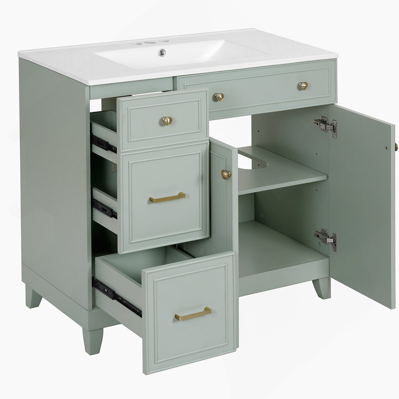 Meuble-lavabo moderne avec lavabo en céramique, plusieurs tiroirs, tablettes réglables, portes à fermeture en douceur pour un rangement efficace dans les petites et moyennes salles de bain