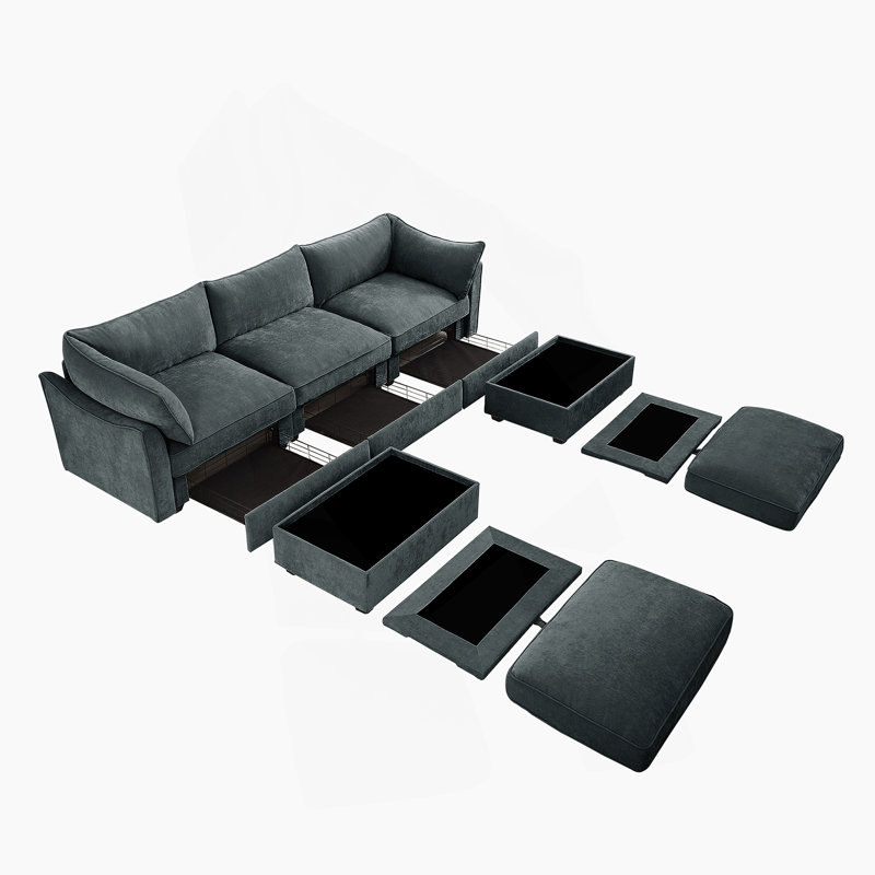 Canapé à assise profonde en U avec repose-pieds 3 places avec repose-pieds, canapé 3 places avec 2 repose-pieds mobiles, canapé modulaire surdimensionné avec tiroir de rangement sous chaque siège, chenille
