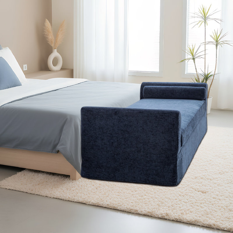88.5" W Slipcovered Chenille Upholstered Bench, Navy