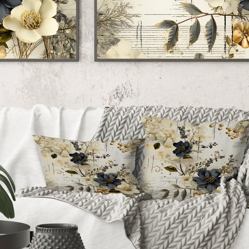 Coussin décoratif en polyester à motif floral gris et beige I, H 16 po x l 16 po
