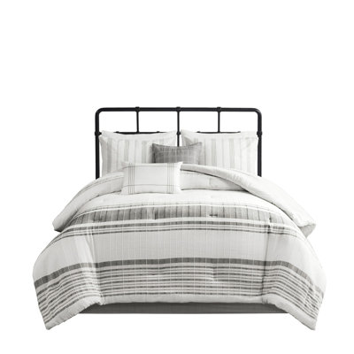 Cotton Comforter Full. White Base With Charcoal Grey Stripes. . Overfilled For Extra Comfort. Includes Bed Skirt & Decorative Pillows. Washable Contrasting Filling. Skirt, Shams Pillows Included.