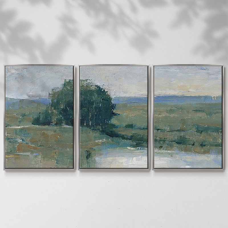 Riverbank Impression I, reproduction sur toile 3 pièces, H 36 po x l 75 po x P 2 po, Argent