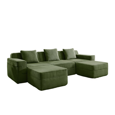 Modular Cloud Sofa With Removable Pillows & Ottomans, Soft Corduroy Fabric, Green U-shape 3-seat Sectional Couch