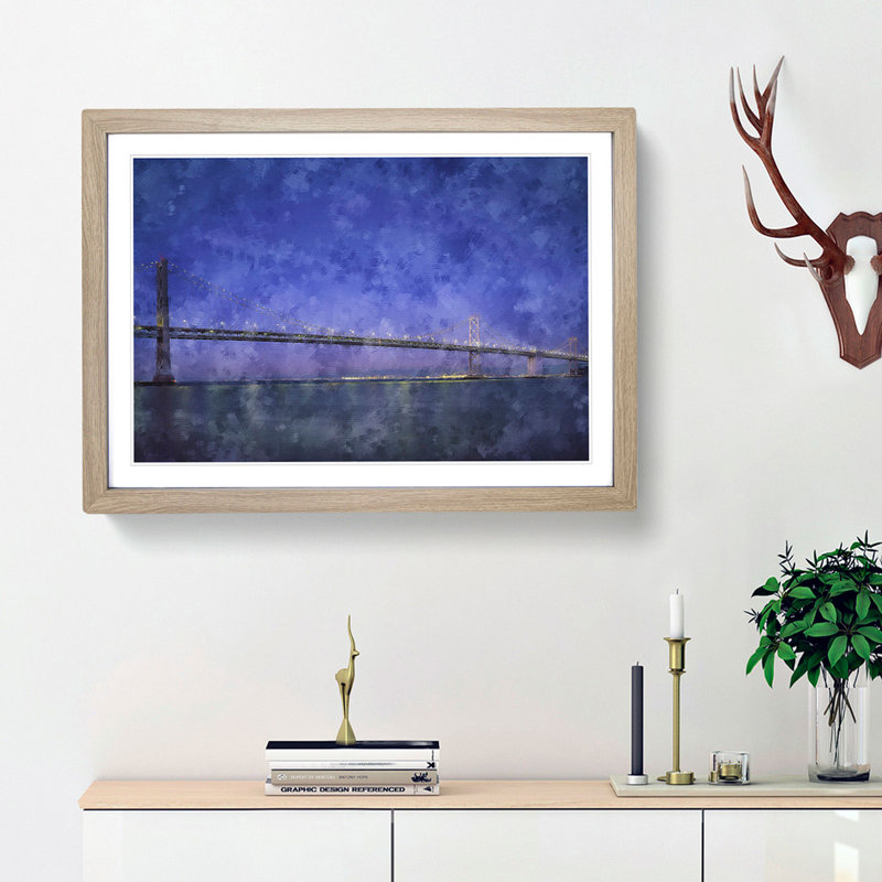 San Francisco Oakland Bay Bridge - Picture Frame Painting Print, Oak Framed, 33cm H x 45cm W x 2cm D