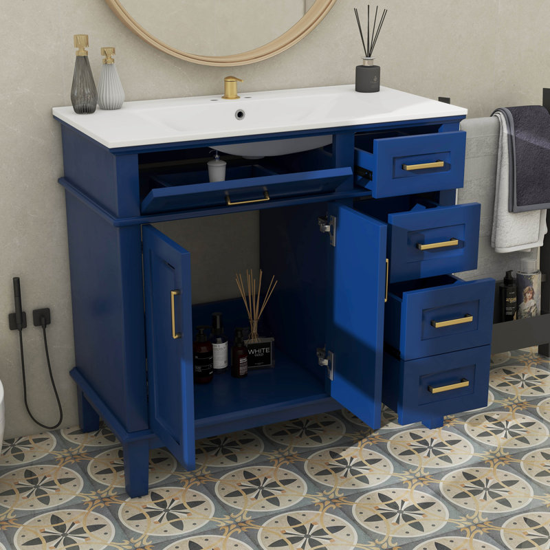36" Modern Bathroom Vanity With Ceramic Sink, Soft-Close Doors, 4 Drawers For Organization, Blue