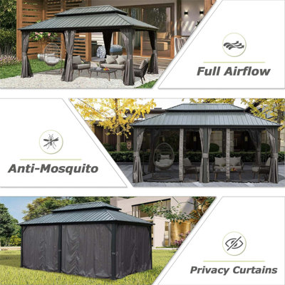 Patio Gazebo, Permanent Metal Pavilion with Curtains and Netting ,Outdoor Cedar Frame Canopy